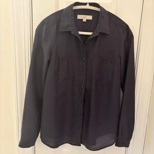 LOFT Luxury Silk Navy Button Down Lightweight Shirt Blouse size XS Office